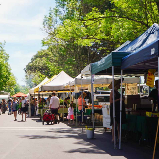 Outdoor Market with Tent Booths and Customers shopping